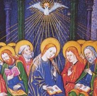 Marie en prière avec les apôtres au Cénacle en attente de la Pentecôte